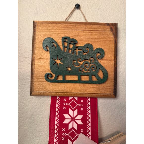 Holiday Card Holder Wooden Topper Green Christmas Tree Red Plaid Wide Ribbon - Picture 2 of 5